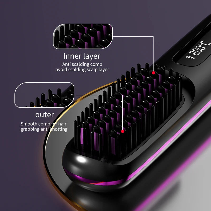 Wireless Hair Straightener Comb – Portable Digital Temperature Hair Styling Brush